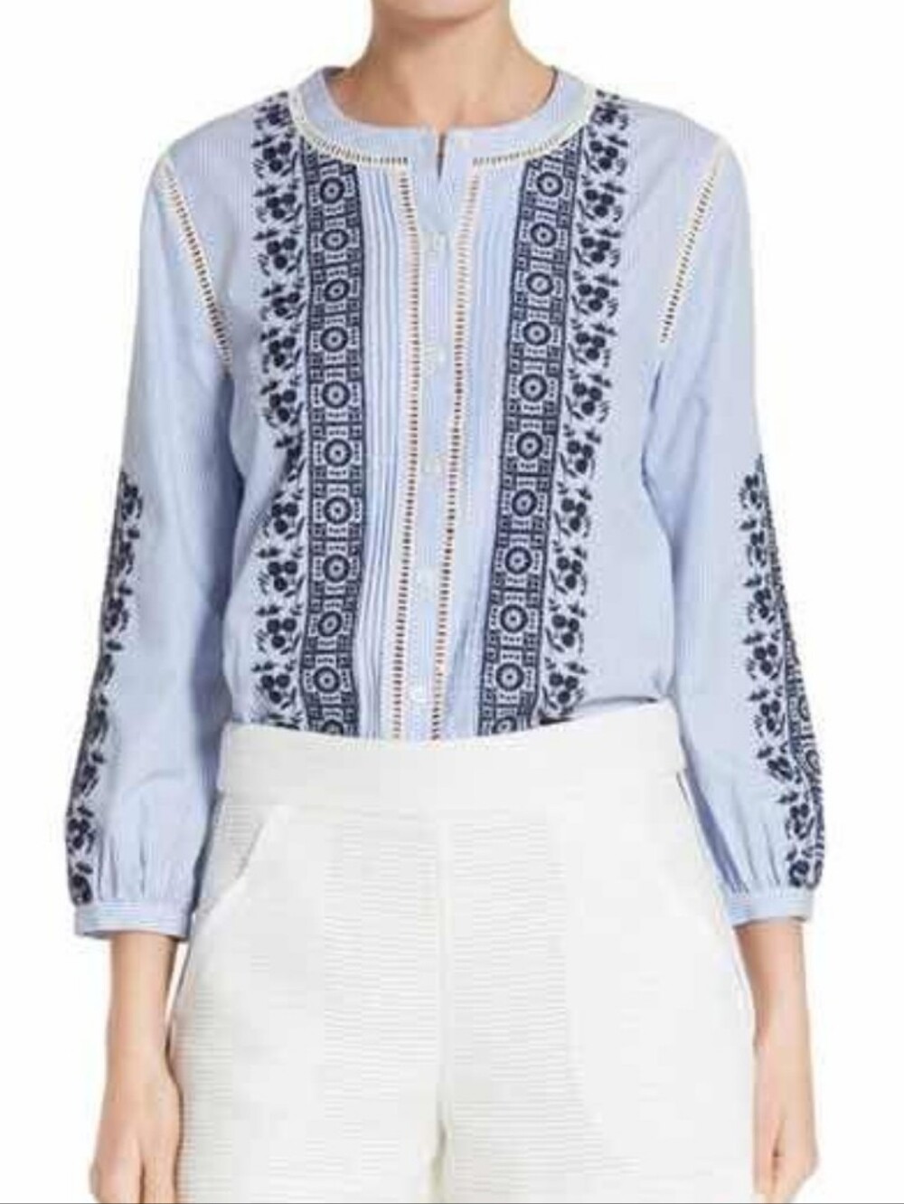 Veronica Beard Claire Embroidered Stripe Cotton Top Peasant Eyelet XS 2